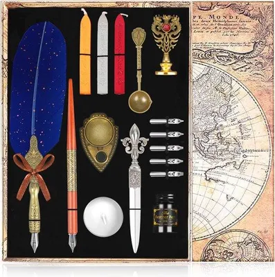 Produktbild von Famanu Kalligrafie-Set mit Dip-Pen und Siegelstempel - Komplett mit Holzpen und Ersatzspitzen