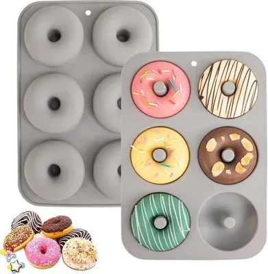 Image de Moule à beignets en silicone pour 6 beignets, set de 2, moule à bagel en silicone LFGB de qualité alimentaire, antiadhésif, lavable au lave-vaisselle, résistant à la chaleur et au micro-ondes (gris)