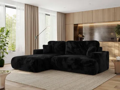 Produktbild von MKS MEBLE Ecksofa OVO mit Schlaffunktion und Bettkasten, Schwarz Plüsch, L-form Couch, 4-Sitzer Ecksofa, 271x195x95 cm - Links Seite
