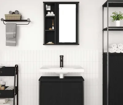 A modern bathroom setting with a black vanity, sink, mirror, and shelving.
