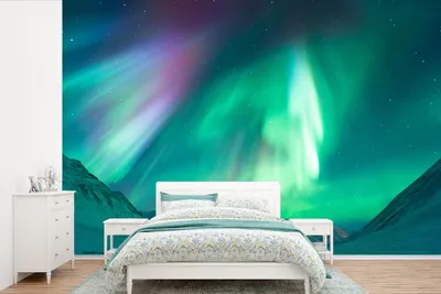 Produktbild von MuchoWow® Fototapete für Wohnzimmer oder Schlafzimmer Wandtapete Vinyl Motivtapete Nordlichter - Berg - Schnee - 525x350 cm - Das Hintergrundbild
