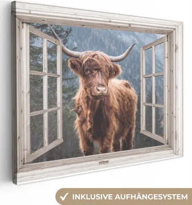 Produktbild von MuchoWow® - Leinwandbilder - Schottischer Highlander - Berg - Kuh - Aussicht, Wandbild, Wanddeko Bilder Wohnzimmer, 120x90 cm