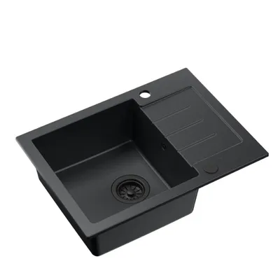 Produktbild von QUADRON Spülbecken Granitspüle Küche | Größe: 60x44x18,5 cm, Farbe: Schwarz | JOHNNY 116 Küchenspüle Einbeckenspüle Set: Granitspüle + manuell Siphon
