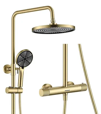 Produktbild von Duschsystem Komplettset mit Thermostat 25cm Regendusche 3 Strahlarten Handbrause Höhenverstellbar Edelstahl Wassersparend Gold