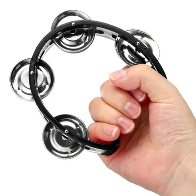 Produktbild von Tamburin - Handtamburin mit 4 Metallglöckchen - Halbmondförmiges Musikinstrument - Kinder-Tamburin - Für Musikunterricht, Schule - Schwarz