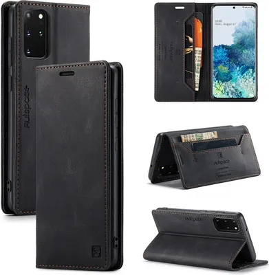 Produktbild von Samsung Galaxy S20+ Brieftasche Hülle, Retro Kunstledertasche Stand Schutzhülle für Samsung Galaxy S20 Plus Schwarz