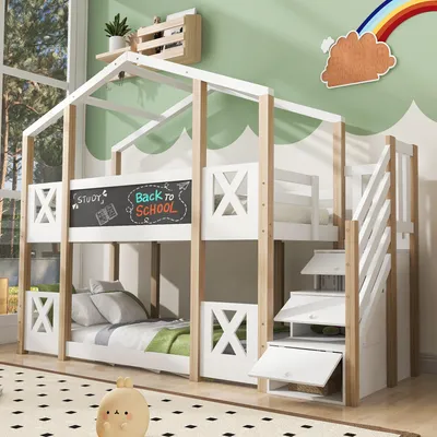Productafbeelding van Kinderstapelbed 90x200 cm in boomhutstijl met trap, opbergruimte, krijtbord en uitvalbeveiliging, EN 747-1:2024, 2 lattenbodems, naturel/wit