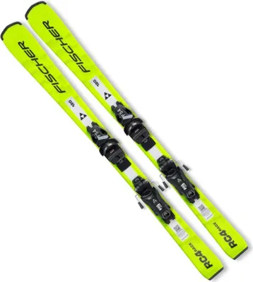 A pair of bright yellow skis with black bindings, laid out diagonally on a white background.