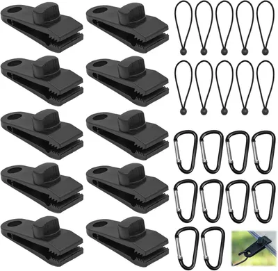 Produktbild von 30-teiliges Set Tarp Clips, robuste Planenclips mit Zeltspannseilen und Karabinerhaken, Befestigungsclips für Campingzelte und Sonnensegel, schwarz
