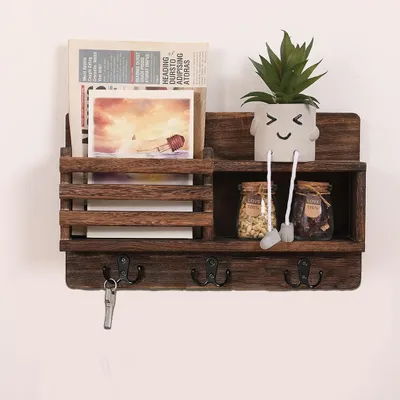 Produktbild von Schlüsselbretter, Hängend, mit 6 Schlüsselhaken, Dekorative Schlüsselbrett mit Briefkasten & Regal, für Flur, Schlüsselhalter aus Holz, Schlafzimmer