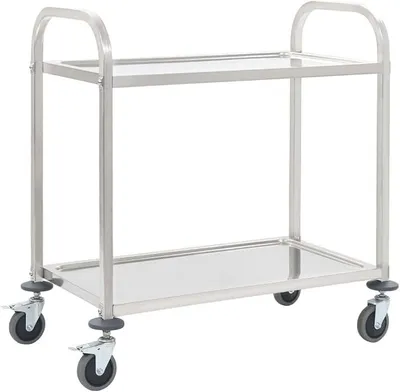 Obrázok produktu pre Dvojposchodový servírovací vozík z nehrdzavejúcej ocele, rozmer 95 x 45 x 83,5 cm. Kuchynský vozík s kolieskami, odkladacia plocha 69,5 x 40 cm. Vozík na kolieskach vhodný do kuchyne, jedálne alebo na oslavy