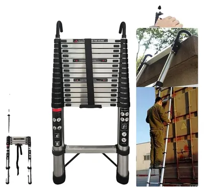 Obrázok produktu pre Teleskopický rebrík, nosnosť 150 kg, nastaviteľná výška, 5 m rovný rebrík + odnímateľné háky