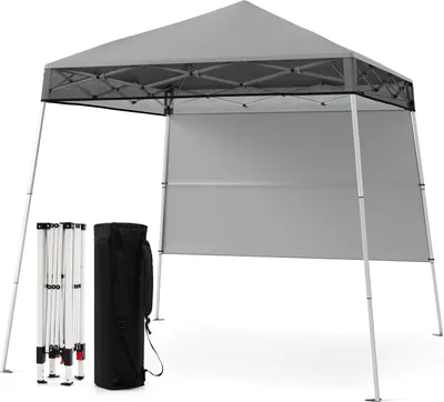 A gray pop-up canopy tent is shown fully assembled, with its folded frame and carrying bag displayed to the left.