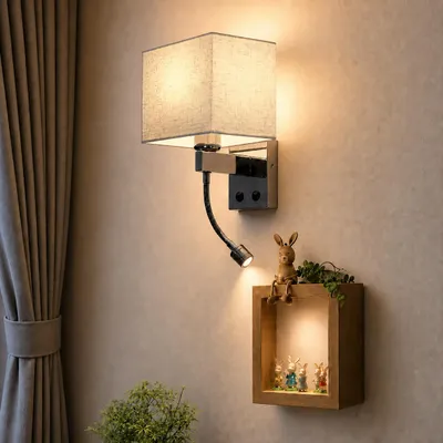 Image de ZMH Applique murale LED Lampe de lecture Abat-jour en tissu Applique murale avec interrupteur Bras de lecture inclinable Blanc E27 Lampe de lecture Lampe de lit pour hôtel Chambre à coucher Salon, Image générée par une IA