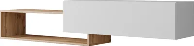 A modern TV lowboard with a combination of wood grain and white finishes, presented against a white background.