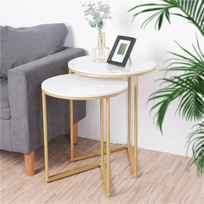 Produktbild von FATIVO Couchtisch 2er Set Marmor: Rund Gold Beistelltisch Set - Couchtisch Weiß Wohnzimmertisch mit Gold Eisenrahmen fürs Wohnzimmer