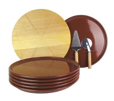 Produktbild von 6er Set Mediterrane Pizzateller Ø 32cm inkl. Echtholz Pizzabrett Ø 35cm Edelstahl Pizzaschneider & Pizzaheber