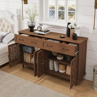 Produktbild von STILVORA Sideboard mit 4 Türen und 2 Schubladen, Kommode mit höhenverstellbaren Regalen und Lochdesign, Aufbewahrungsschrank mit Massivholzfüßen