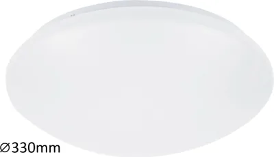 A white, round ceiling light fixture is shown against a white background. The diameter of the fixture is indicated.