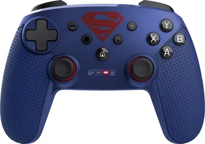 A blue gaming controller with a Superman logo.