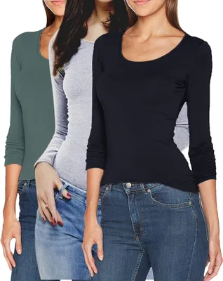 Produktbild von ONLY 3er-Set Damen Longsleeve Slim Fit Langarmshirt mit Rundhalsausschnitt, Schwarz-Grau-Grün, S