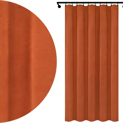 A close-up and a full view of an orange curtain hanging on a rod.