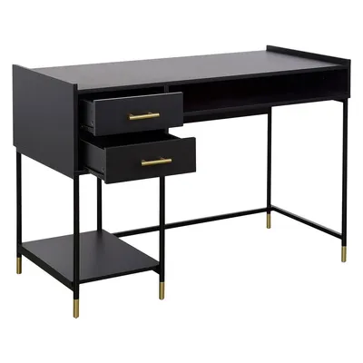A black desk with gold accents against a white background.
