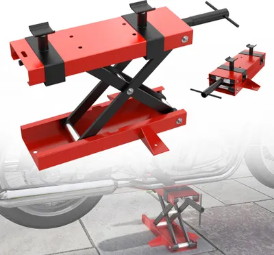 Obrázek produktu pro Hydraulický zvedák na motocykly XINZI 500 kg (1100 lb) – skládací, přenosný, protiskluzová gumová podpěrná tyč, zdvih 9,5–35 cm, odnímatelná klika