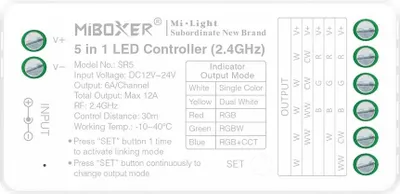 Produktbild von MiBoxer SR5 5-in-1 LED-Controller (2.4 GHz) – Einfarbig, CCT, RGB, RGBW, RGB+CCT, 12–24 V, 12 A