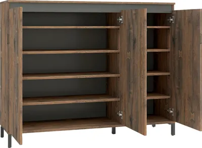 An open shoe cabinet with multiple shelves.