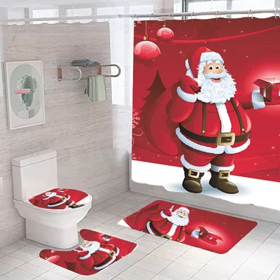 Image de (Père NoëlPère Noël) Rideau de douche de Noël, set de 4 pièces avec tapis antidérapant, housse de toilette et tapis de bain, rideau de douche de Noël