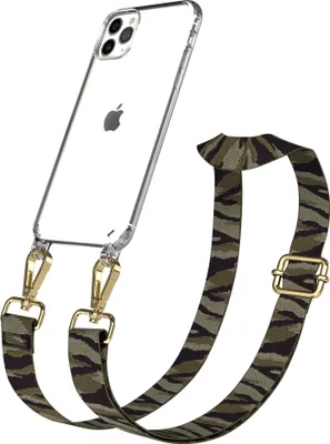 Produktbild von EAZY CASE Handykette - Verstellbarer Trageriemen kompatibel mit Apple iPhone 11 Pro Max, Handykordel mit transparenter Silikon-Hülle, Karabiner Gold, Camouflage Style, Band in Grün