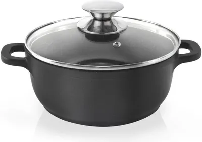 A black cooking pot with a glass lid and silver handle, shown on a white background.