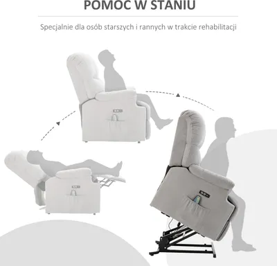 Zdjęcie produktu dla Fotel rozkładany HOMCOM z funkcją wspomagania wstawania, fotel masujący, fotel relaksacyjny z portem USB, fotel telewizyjny z pilotem, kieszeń boczna, fotel telewizyjny z funkcją rozkładania z welurowym wykończeniem, szary