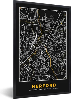 Produktbild von MuchoWow® Gerahmtes Poster Stadtplan - Karte - Herford - Gold - Deutschland - Karte 40x60 cm - Poster mit Schwarzem Bilderrahmen Wandposter Rahmen Foto Bilder - Papierdruck - Wandbilder
