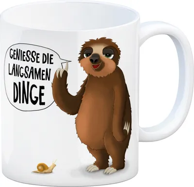 Produktbild von Kaffeebecher mit Faultier und Schnecke Motiv und Spruch: Genieße die langsamen