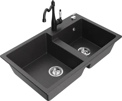 Produktbild von Mexen Tomas 2-Becken-Granitspüle mit Mischbatterie Carla, Schwarz gesprenkelt - 6516-76-670700-70
