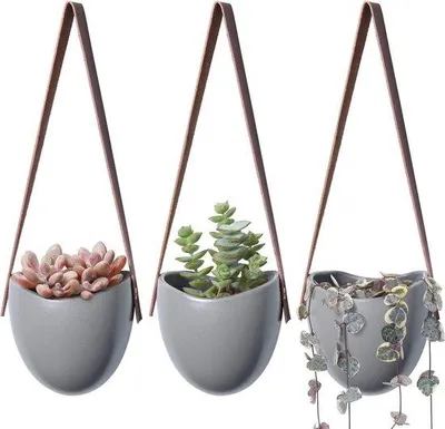 Produktbild von Unyqoos® 3er-Set hängende Keramik-Blumentöpfe perlmuttweiß – Wandvase mit Lederriemen & Messingschraube, Topf 7,6×10 cm, Gesamthöhe 33 cm, für Sukkulenten & Kakteen