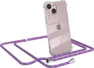 A clear iPhone 13 Mini with a purple braided lanyard attached, presented against a white background.