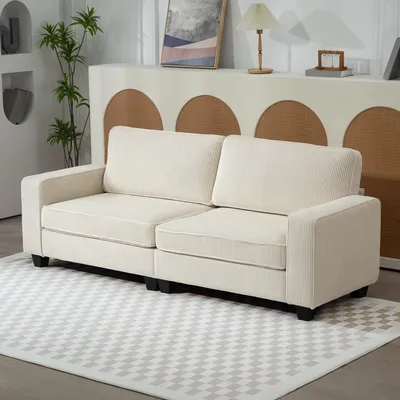 Produktbild von 3-Sitzer Sofa Cordbezug Cremeweiß, Wohnzimmersofa Federkern Couch, Polyester Cord | 227 x 84 x 87 cm | bis 400 kg | 60 cm Sitztiefe