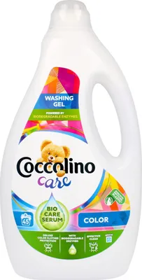 A bottle of Coccolino Care washing gel for colored laundry.
