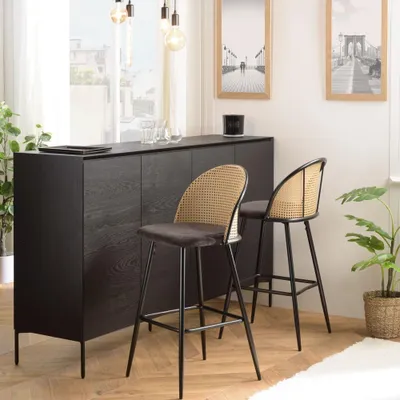 Image de LEA - Lot de 2 tabourets de bar assise tissu noir dossier effet cannage LEA