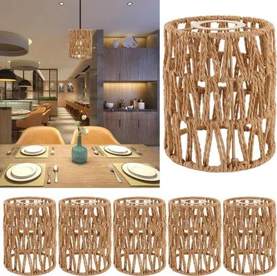 Produktbild von Unyqoos® 6er-Set Boho Rattan-Lampenschirme aus Hanfseil mit korrosionsbeständigem Metallrahmen – für Tisch- & Stehlampen, Wohnzimmer, Küche, Gastronomie