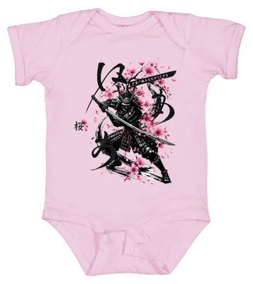 Immagine prodotto di Body per neonato, rosa, con motivo samurai giapponese, katana, fiori di ciliegio (sakura), stile anni 2000, taglia 3/6 mesi