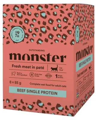 Zdjęcie produktu dla Monster Cat Pouches Adult Beef 8x85g Monoproteinowa Mokra Karma w Saszetce Dla Dorosłych Kotów z Wołowiną