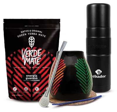 Produktbild von Verde Mate - Mate Tee Set Energía Guarana 400g - Dicke Blätter 5mm - Yerbomos Thermoskanne XL 750ml - Keramik Mate Becher Samba 350ml - Bombilla