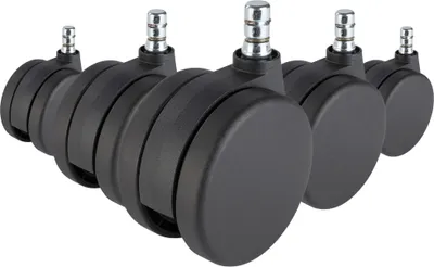 A group of black office chair casters are arranged diagonally on a white background.