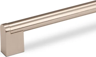 A close-up studio shot of a brushed nickel cabinet handle against a white background.