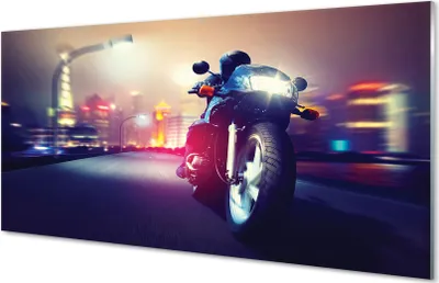 Produktbild von Glasbilder 120x60 Wandkunst Motorrad Stadt Himmel