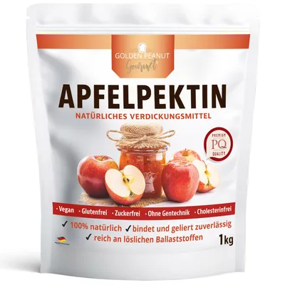 A pouch of apple pectin with apples and a jar of jam in the background.